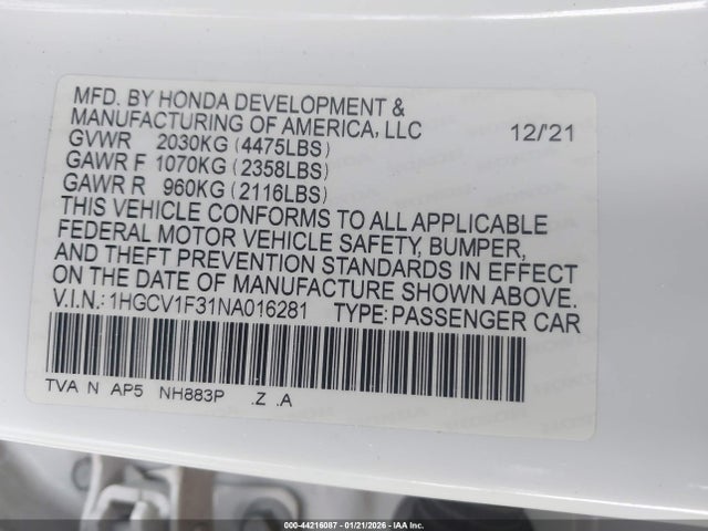 1HGCV1F31NA016281 Honda Accord Sport