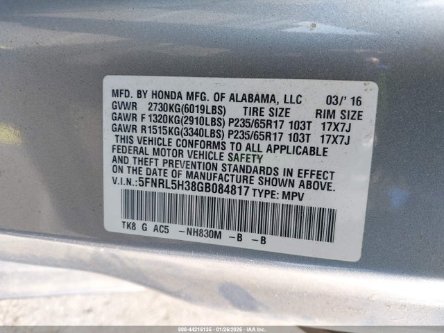 5FNRL5H38GB084817 Honda ODYSSEY SE