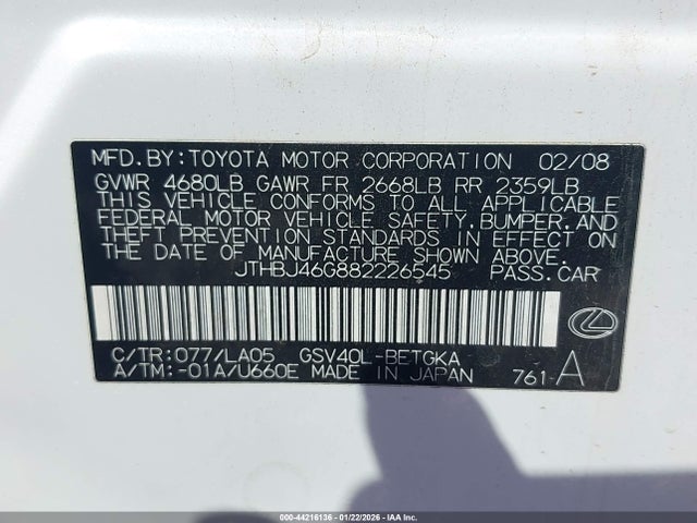 Aukcja sprzedaży 2008 Lexus Es 350, vin: JTHBJ46G882226545, numer aukcji: 44216136