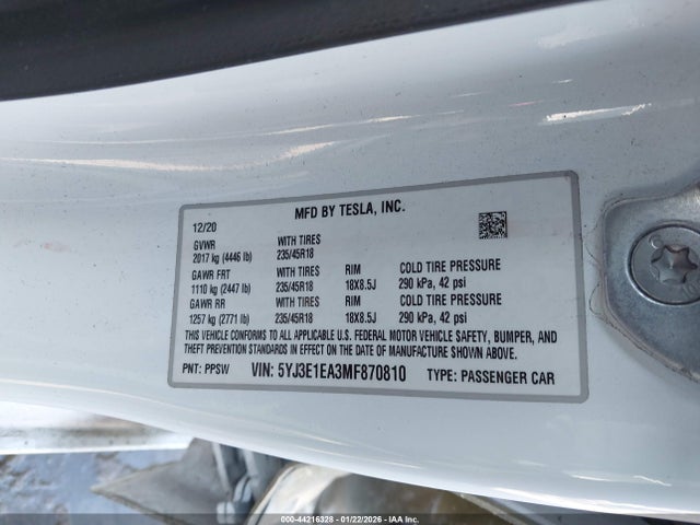 Aukcja sprzedaży 2021 Tesla Model 3 Standard Range Plus Rear-wheel Drive, vin: 5YJ3E1EA3MF870810, numer aukcji: 44216328