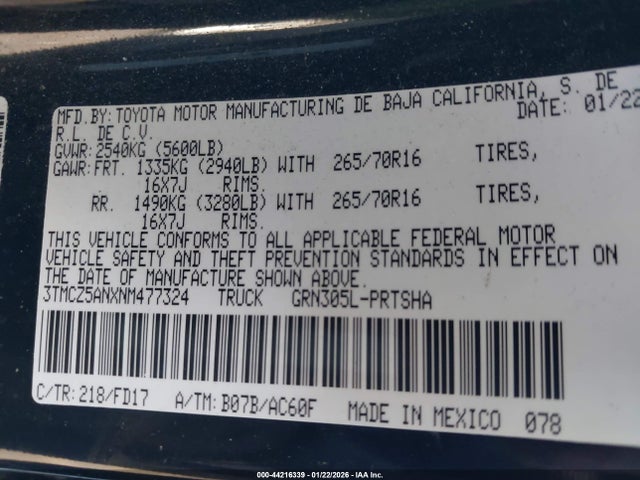 2022 Toyota Tacoma Trd Off Road მანქანა იყიდება აუქციონზე, vin: 3TMCZ5ANXNM477324, აუქციონის ნომერი: 44216339