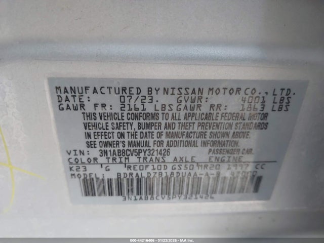 44216406 :رقم المزاد ، 3N1AB8CV5PY321426 vin ، 2023 Nissan Sentra Sv Xtronic Cvt مزاد بيع