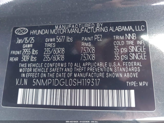 5NMP1DGL0SH119317 Hyundai Santa Fe Se