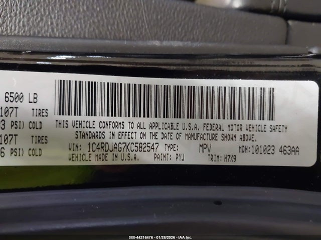 44216476 :رقم المزاد ، 1C4RDJAG7KC582547 vin ، 2019 Dodge Durango Sxt Awd مزاد بيع