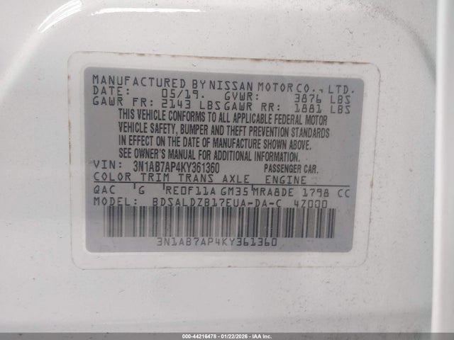 2019 Nissan Sentra Sv მანქანა იყიდება აუქციონზე, vin: 3N1AB7AP4KY361360, აუქციონის ნომერი: 44216478