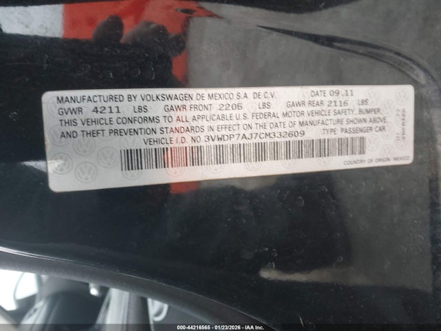 Aukcja sprzedaży 2012 Volkswagen Jetta 2.5l Se, vin: 3VWDP7AJ7CM332609, numer aukcji: 44216565
