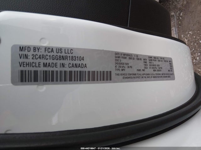 Auction sale of the 2022 Chrysler Pacifica Limited, vin: 2C4RC1GG8NR183104, lot number: 44216647
