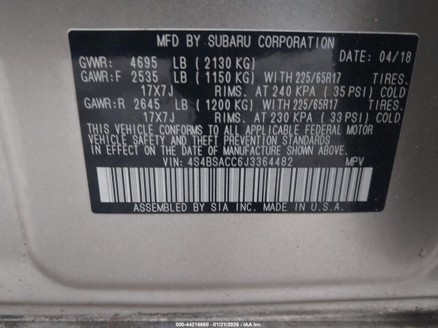 44216660 :رقم المزاد ، 4S4BSACC6J3364482 vin ، 2018 Subaru Outback 2.5i Premium مزاد بيع