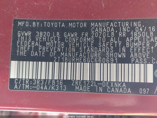 2T1BURHE6GC660691 Toyota COROLLA LE