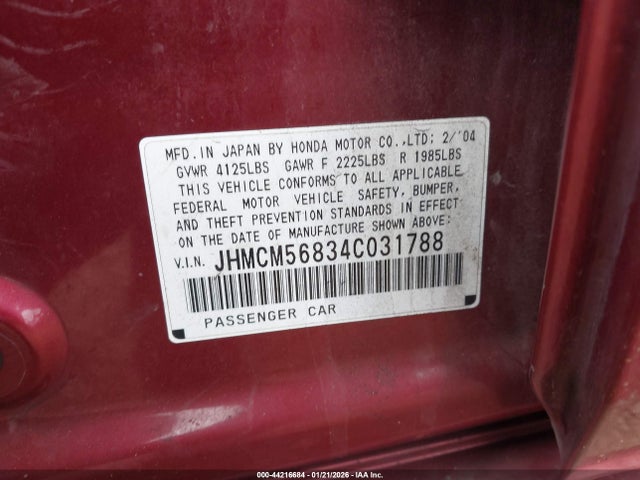 2004 Honda Accord 2.4 Ex მანქანა იყიდება აუქციონზე, vin: JHMCM56834C031788, აუქციონის ნომერი: 44216684
