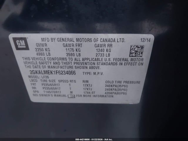 GMC Terrain Sle-1 2015 2GKALMEK1F6234066 Image 9