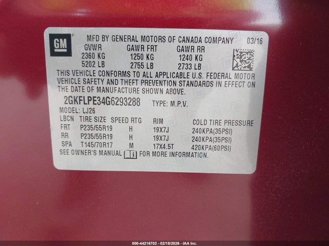 2016 Gmc Terrain Slt მანქანა იყიდება აუქციონზე, vin: 2GKFLPE34G6293288, აუქციონის ნომერი: 44216702