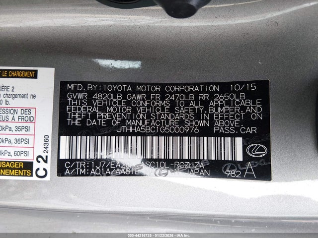 44216725 :رقم المزاد ، JTHHA5BC1G5000976 vin ، 2016 Lexus Rc 200t مزاد بيع