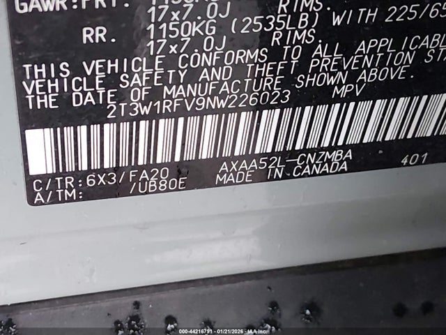 2T3W1RFV9NW226023 Toyota Rav4 Xle