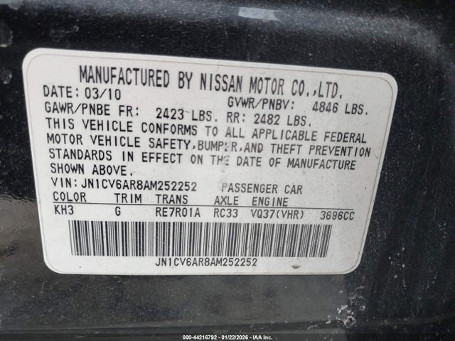 44216792 :رقم المزاد ، JN1CV6AR8AM252252 vin ، 2010 Infiniti G37x مزاد بيع