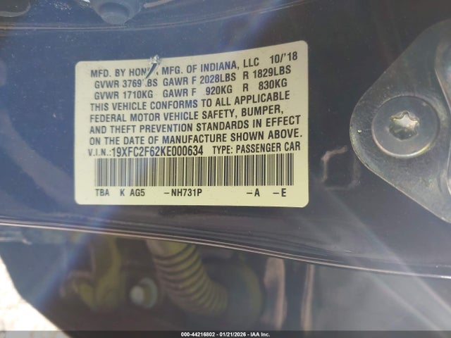 Aukcja sprzedaży 2019 Honda Civic Lx, vin: 19XFC2F62KE000634, numer aukcji: 44216802