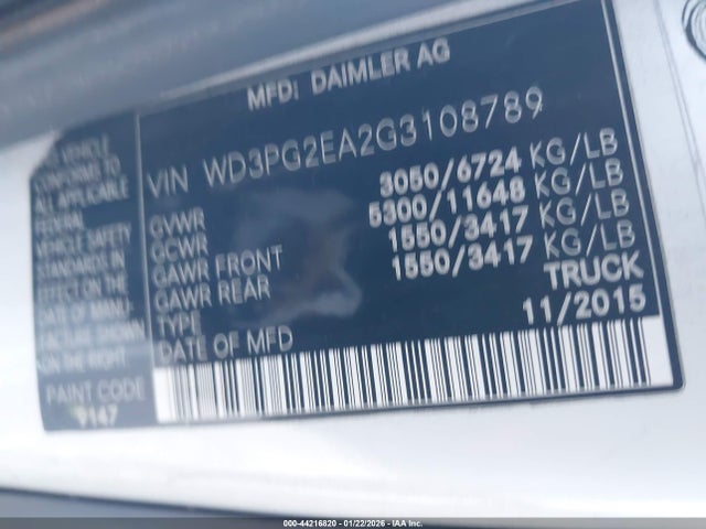 44216820 :رقم المزاد ، WD3PG2EA2G3108789 vin ، 2016 Mercedes-benz Metris مزاد بيع