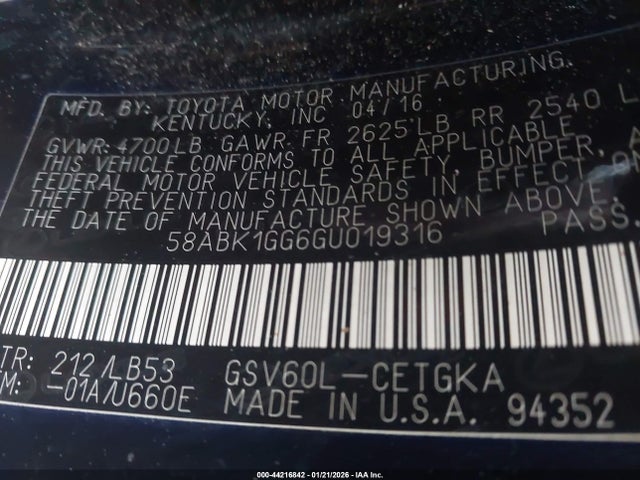 44216842 :رقم المزاد ، 58ABK1GG6GU019316 vin ، 2016 Lexus Es 350 مزاد بيع
