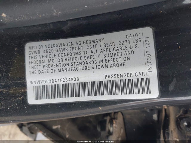 2001 Volkswagen Passat Gls მანქანა იყიდება აუქციონზე, vin: WVWVD63B41E254938, აუქციონის ნომერი: 44216853