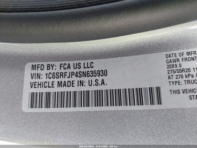 Aukcja sprzedaży 2025 Ram 1500 Laramie  4x4 5'7 Box, vin: 1C6SRFJP4SN635930, numer aukcji: 44216904
