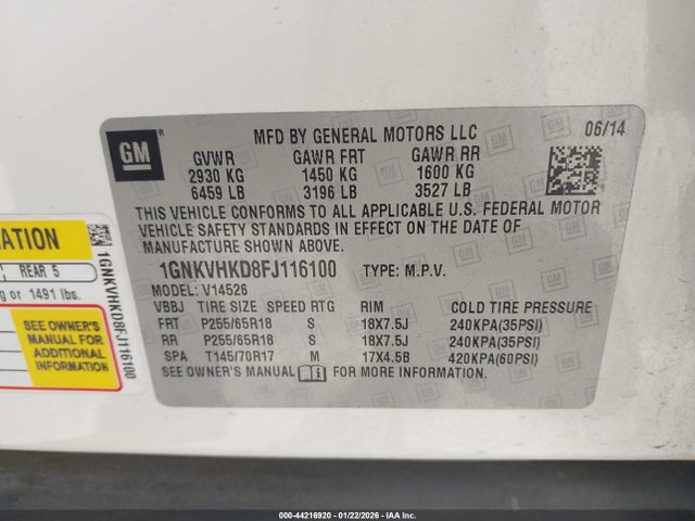 1GNKVHKD8FJ116100 Chevrolet Traverse 2lt
