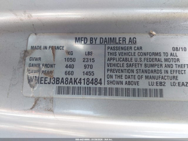 Aukcja sprzedaży 2010 Smart Fortwo Passion/pure, vin: WMEEJ3BA8AK418484, numer aukcji: 44216995