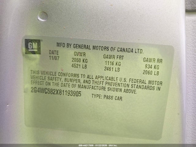 Продажа на аукционе авто 2008 Buick Lacrosse Cx, vin: 2G4WC582X81193905, номер лота: 44217009