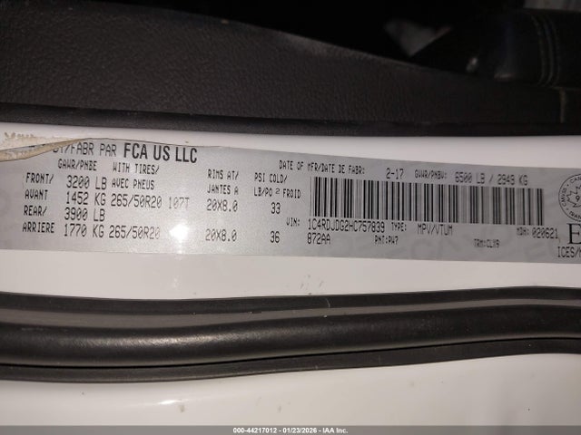 2017 Dodge Durango Gt მანქანა იყიდება აუქციონზე, vin: 1C4RDJDG2HC757839, აუქციონის ნომერი: 44217012