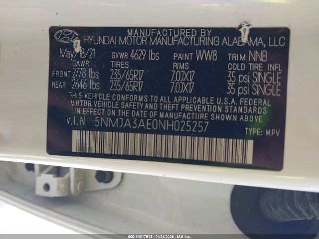 Продажа на аукционе авто 2022 Hyundai Tucson Se, vin: 5NMJA3AE0NH025257, номер лота: 44217013