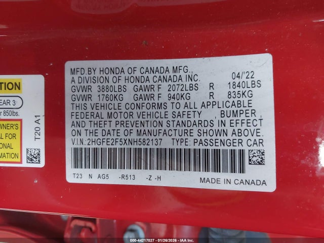 2022 HONDA CIVIC 2HGFE2F5XNH582137 Photo 8