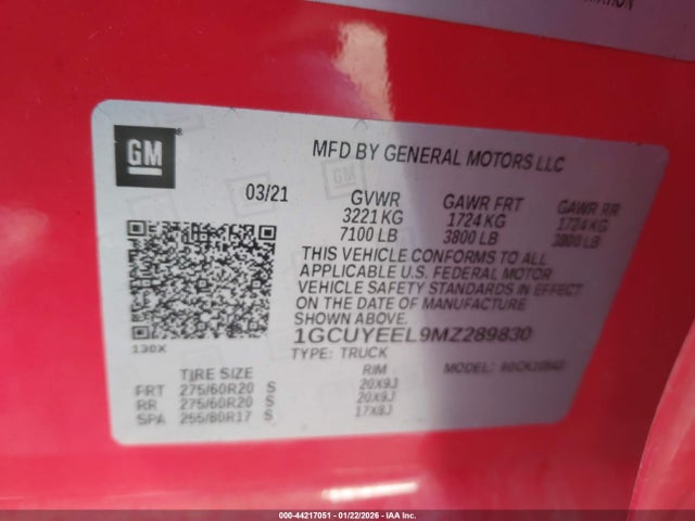 Aukcja sprzedaży 2021 Chevrolet Silverado 1500 4wd  Short Bed Rst, vin: 1GCUYEEL9MZ289830, numer aukcji: 44217051