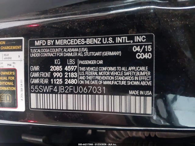 44217066 :رقم المزاد ، 55SWF4JB2FU067031 vin ، 2015 Mercedes-benz C 300 مزاد بيع