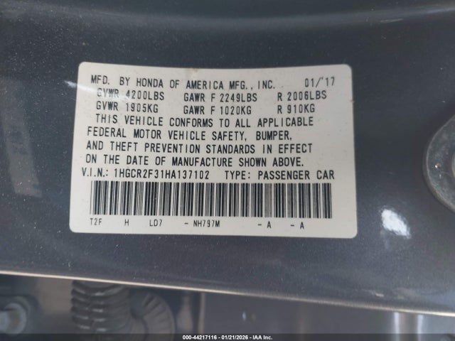 Honda ACCORD LX 2017 1HGCR2F31HA137102 Image 9