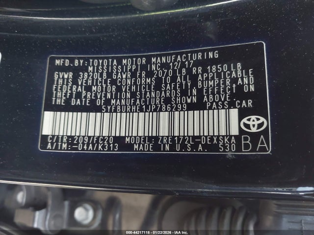 5YFBURHE1JP786299 Toyota COROLLA SE