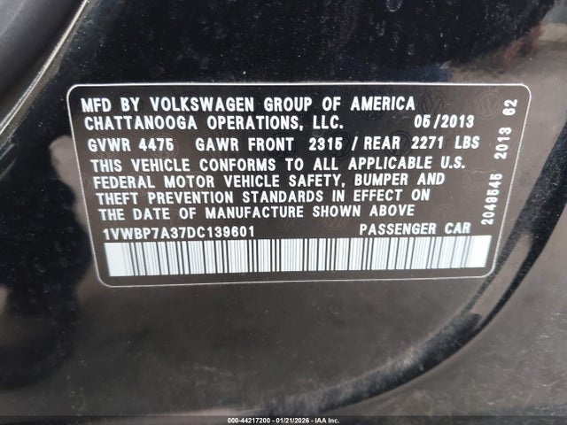 2013 Volkswagen Passat 2.5l Se მანქანა იყიდება აუქციონზე, vin: 1VWBP7A37DC139601, აუქციონის ნომერი: 44217200
