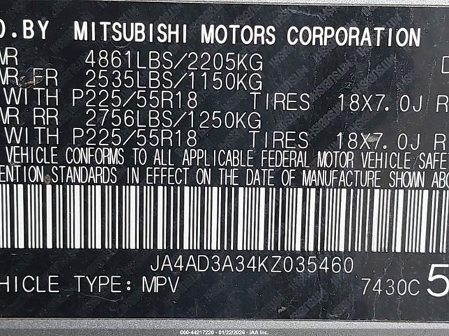 JA4AD3A34KZ035460 Mitsubishi Outlander Se