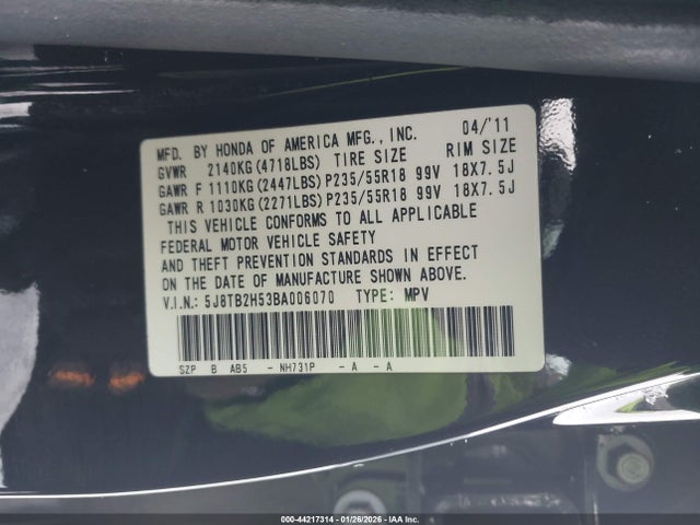 44217314 :رقم المزاد ، 5J8TB2H53BA006070 vin ، 2011 Acura Rdx مزاد بيع