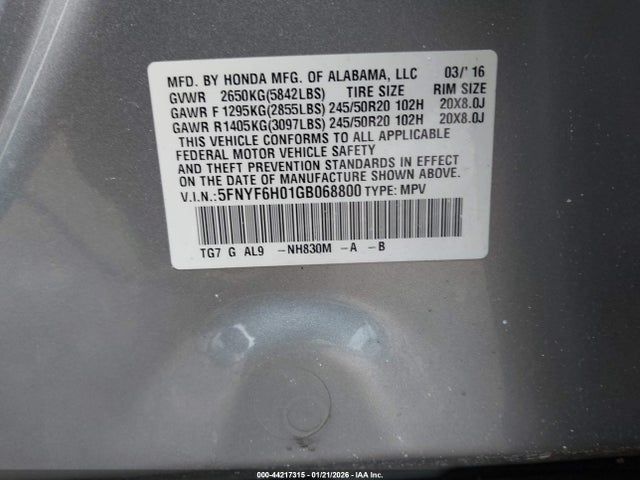 5FNYF6H01GB068800 Honda Pilot Elite