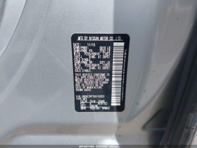JN8AE2KP3G9152831 Nissan Quest Platinum/s/sl/sv