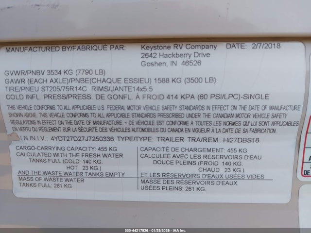 4YDT27D27J7250336 Keystone Rv M-27 Dbs Hideout