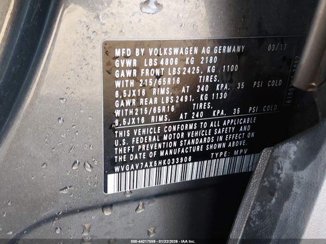 WVGAV7AX5HK033906 Volkswagen Tiguan 2.0t/2.0t S