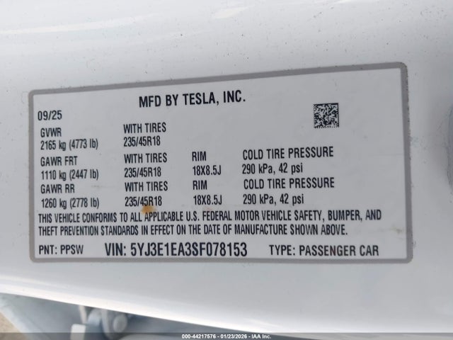 44217576 :رقم المزاد ، 5YJ3E1EA3SF078153 vin ، 2025 Tesla Model 3 Long Range Rear-wheel Drive/standard Rear-wheel Drive مزاد بيع