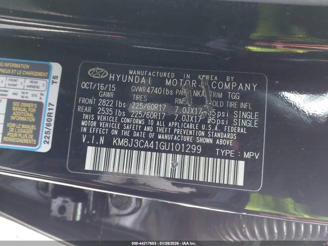 44217653 :رقم المزاد ، KM8J3CA41GU101299 vin ، 2016 Hyundai Tucson Se مزاد بيع