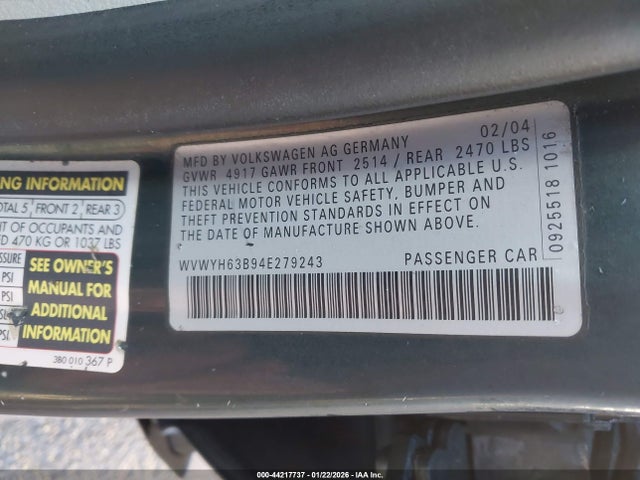 Aukcja sprzedaży 2004 Volkswagen Passat Glx, vin: WVWYH63B94E279243, numer aukcji: 44217737