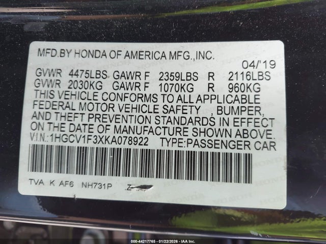 1HGCV1F3XKA078922 Honda Accord Sport