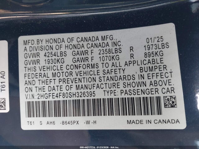 2HGFE4F80SH326395 Honda Civic Hybrid Sport/sport Touring