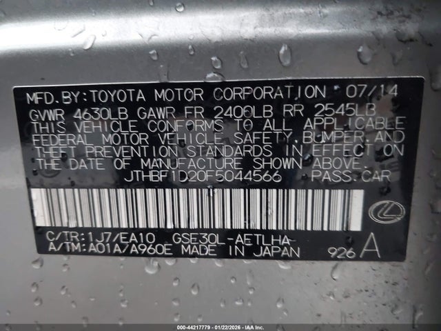 44217779 :رقم المزاد ، JTHBF1D20F5044566 vin ، 2015 Lexus Is 250 مزاد بيع