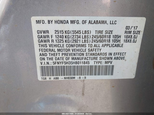 Продажа на аукционе авто 2017 Honda Pilot Ex, vin: 5FNYF5H35HB011845, номер лота: 44217805
