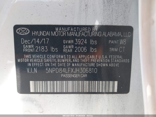 5NPD84LFXJH306810 Hyundai Elantra Value Edition