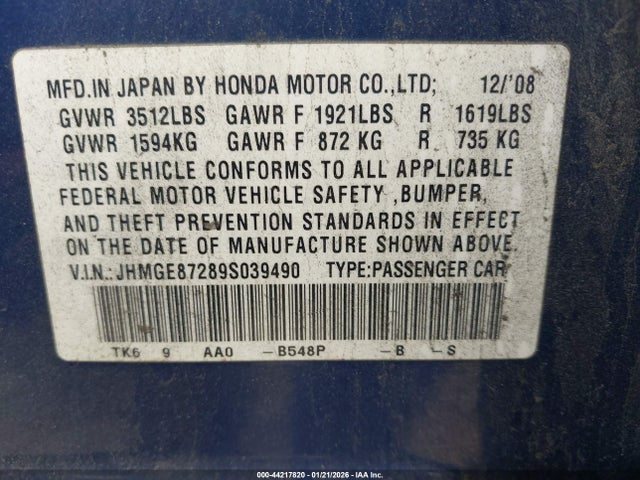 2009 HONDA FIT JHMGE87289S039490 Photo 8